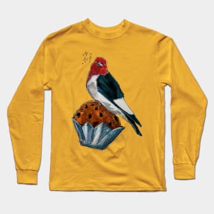 Bakery Birds: Red Headed Woodpecker on Chocolate Chip Muffin Long Sleeve T-Shirt